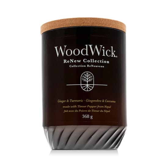 Woodwick renew collection ginger & turmeric scented candle in elegant packaging
