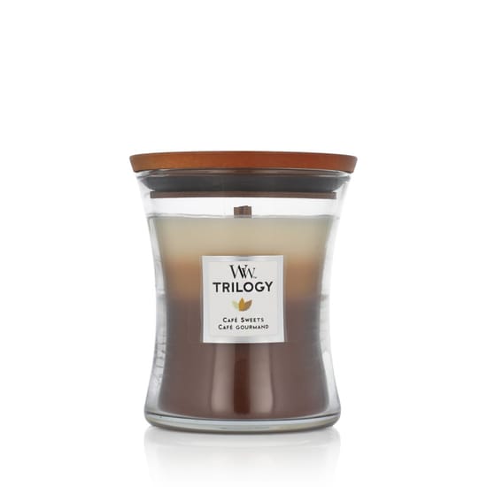 Woodwick trilogy medium hourglass candle café sweets close-up
