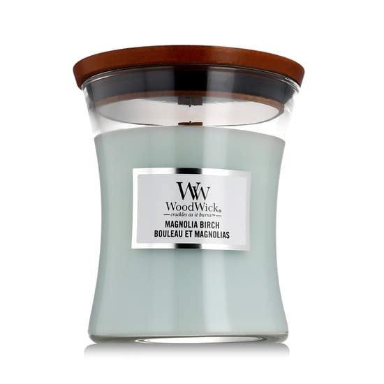 Woodwick keskmine kellukese küünal magnoolia ja kask lõhnaga