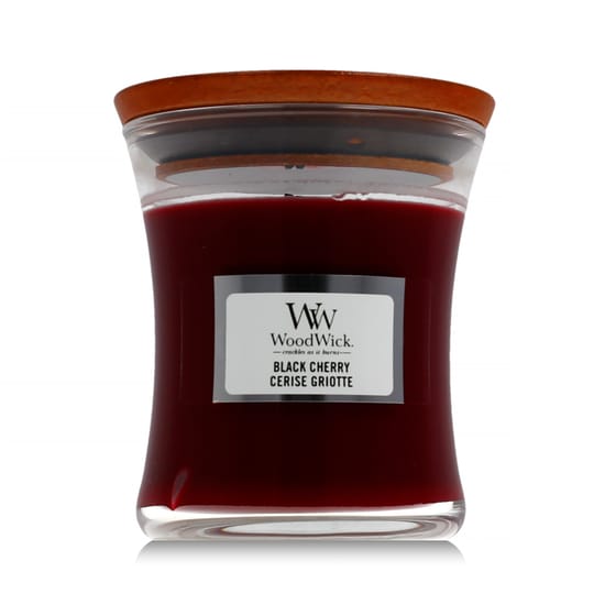 WoodWick mini kellakujuline aroomiküünal, musta kirsi magus aroom ja prõksuv leek