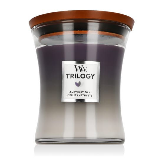 Woodwick Amethyst Sky candle in hourglass design