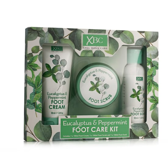 Xpel eucalyptus & peppermint foot care kit displayed on a wooden surface