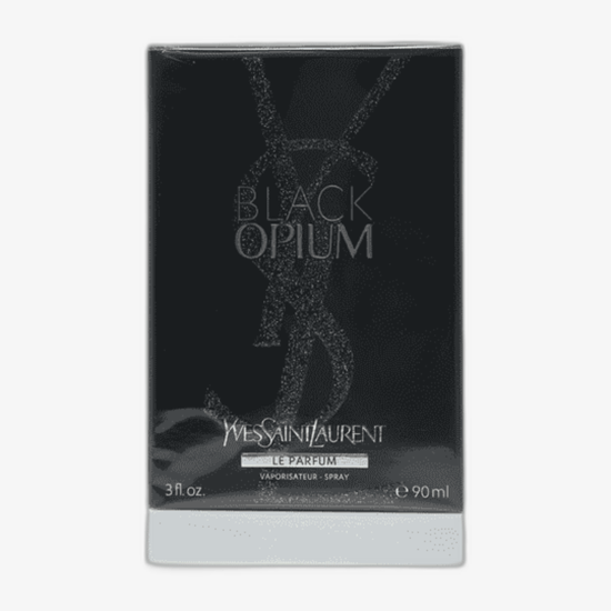 Unboxed bottle of Yves Saint Laurent Black Opium Le Parfum with minimalist elegance