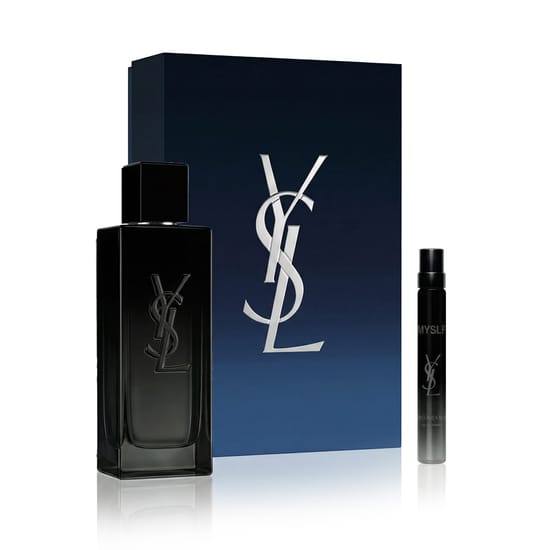 Yves Saint Laurent MYSLF EDP 100 ml ja Miniatuur 10 ml komplekt elegantsel taustal