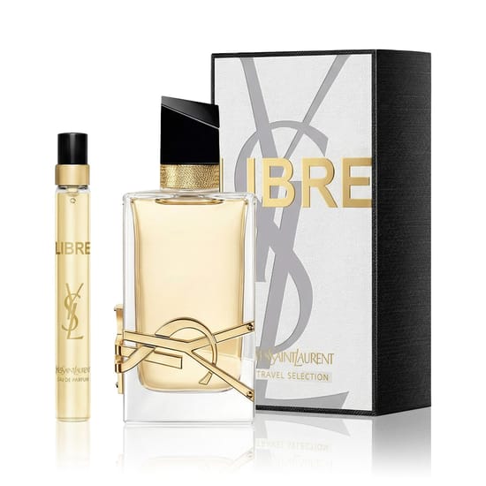 Minimalist display of Yves Saint Laurent Libre EDP set with 90 ml and 10 ml bottles