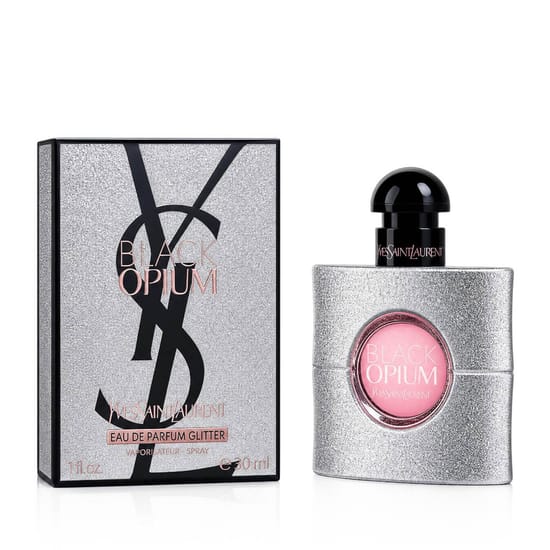Close-up of Yves Saint Laurent Black Opium Glitter EDP bottle