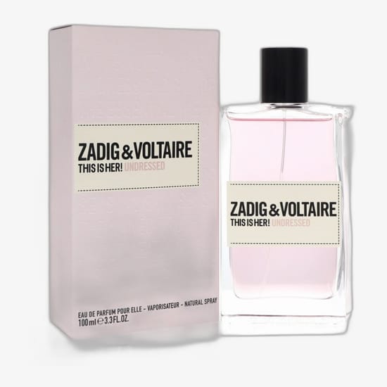 Оригинальная упаковка Zadig & Voltaire This Is Her! Undressed EDP в лаконичном стиле Флакон Zadig & Voltaire This Is Her! Undressed EDP крупным планом, подчеркнута прозрачность и минимализм