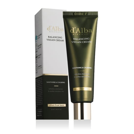 Close-up of d'Alba Soothing & Calming Balancing Vegan Cream packaging